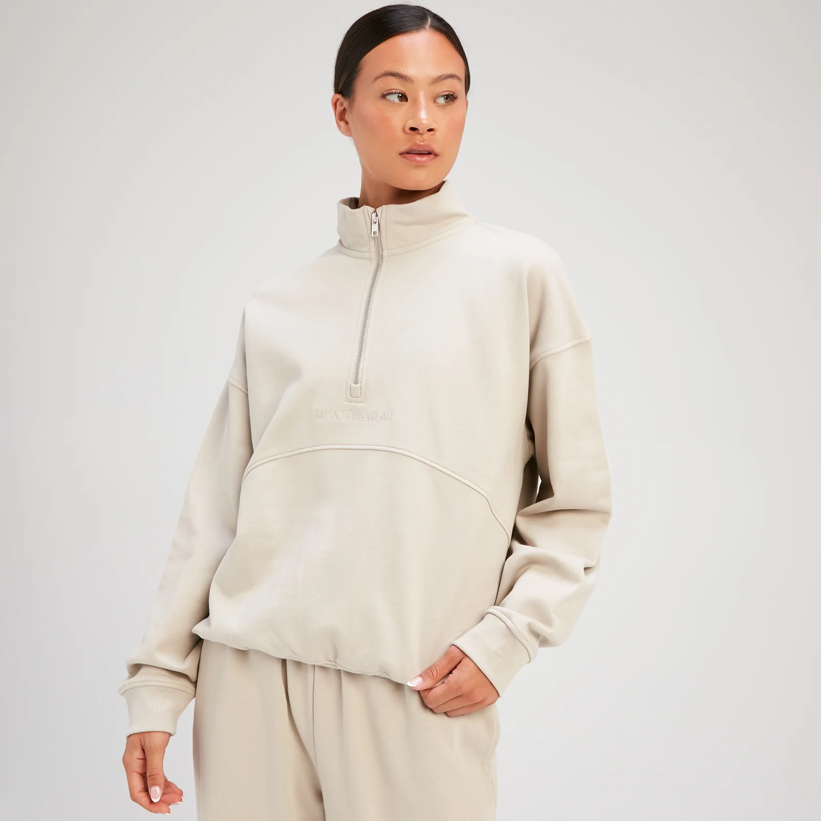 Dámska tepláková mikina MP Rest Day so 1/4 zipsom – béžovosivá - XS Obrázok 1
