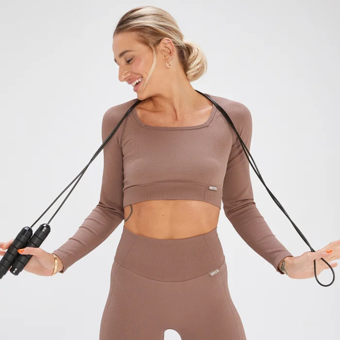 Bezšvové skrátené tričko MP x Tatiana s dlhými rukávmi – svetlohnedé