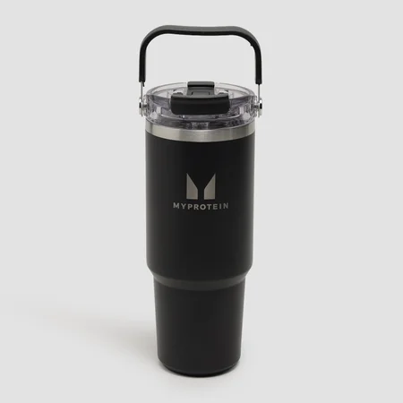 Myprotein recyklovaná kovová fľaša s vrchným držadlom a slamkou 900 ml - Čierna